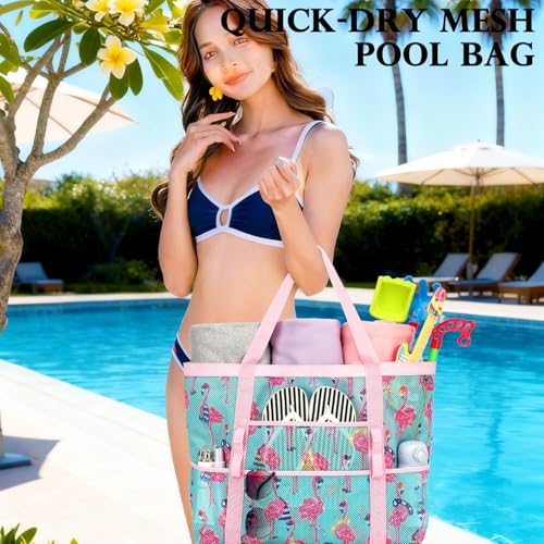 Image of Fammart Mesh Beach Bag for Women, Large Beach Toy Pool Bag with Zipper Pocket, SandProof Cruise Essentials 2026 Family Travel