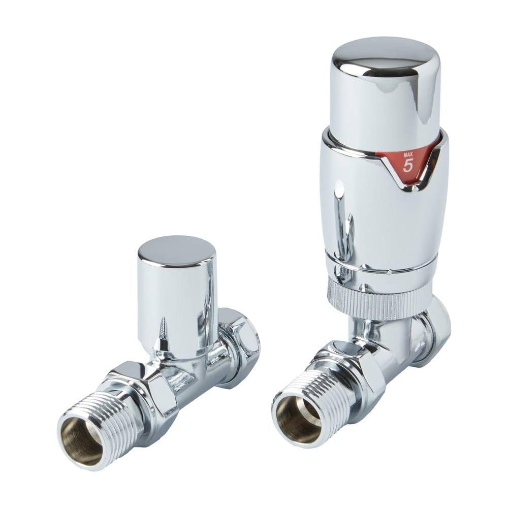 Milano Chrome Thermostatic Straight Heated Towel Rail Radiator Valve Trv And Lockshield