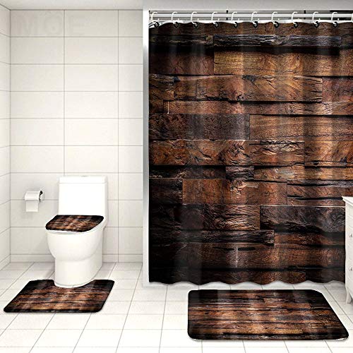 OuElegent 4 rustikale Holz-Duschvorhang-Sets mit rutschfestem Vorleger, WC-Deckelbezug und Badematte, braune… – Bild 4