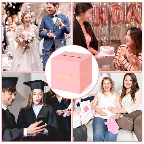 Image of Pink Card Box Gold Foil Wedding Favors Gift Card Boxes Post Box Receiving Money Box Holder for Wedding Reception, Baby Showers, Anniversary, Birthday Party, Retirement, Graduation Envelope Holder