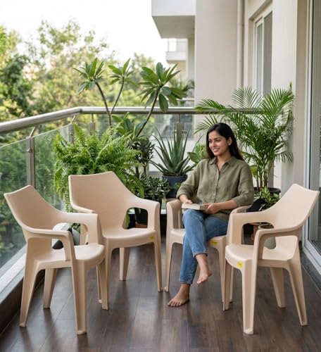 Image of Patiofy Plastic Arm Chair for Living Room, Heavy Duty Plastic Chair for Home and Outdoor, Solid Back Support, Comfortable Seating with Arm Support, 200 Kg Capacity (Cream - Set of 4)