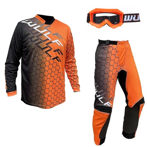 Tenue motocross enfant orange haute visibilité avec lunettes enduro et quad assorties