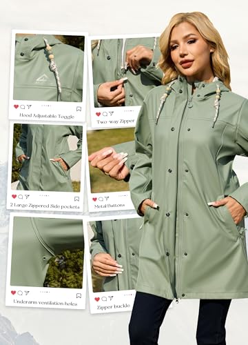 ATLASLAVA Regenjacke Damen Wasserdicht Lange Atmungsaktiv Regenmantel Gefütterte Windbreaker Übergangsjacke PU Outdoor Wandern Softshelljacke