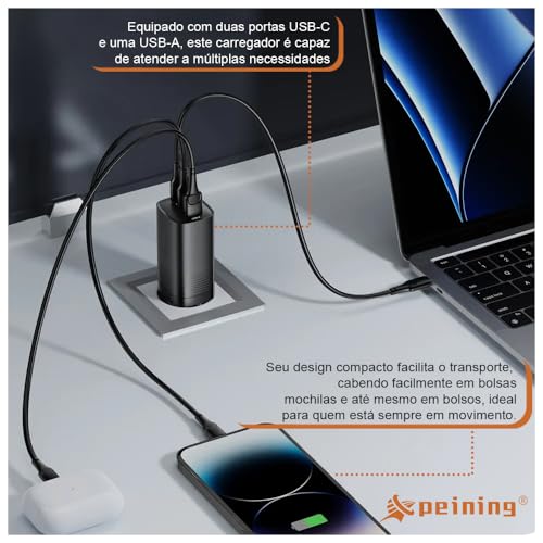 Carregador Turbo de 65W com Três Saídas USB-C e USB, Compatível com Apple iPhone/iWatch/AirPods, iPh
