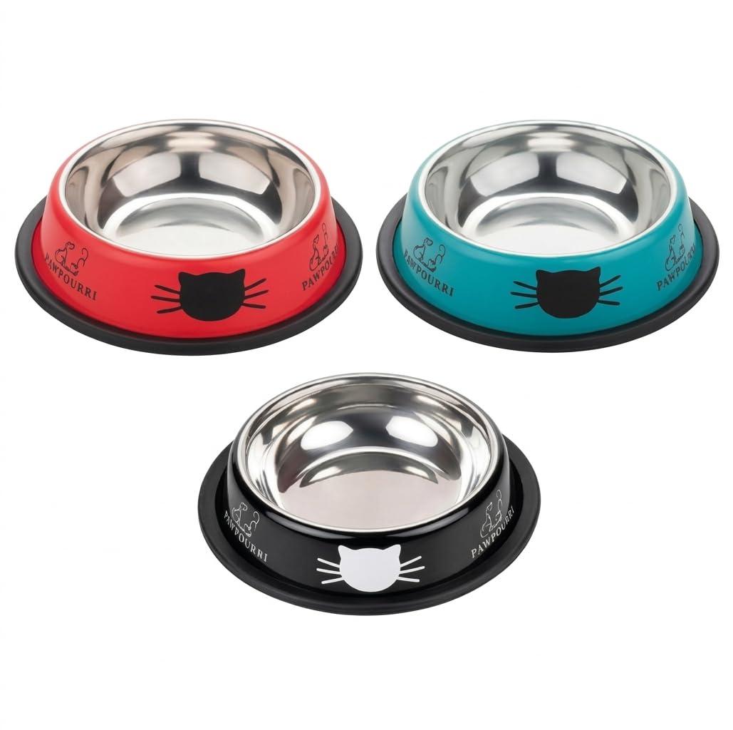 3 Pack Printed Stainless Steel Cat Bowls – 8 fl oz Anti-Skid Food & Water Cat Feeding Bowls | Cat Dish for Food and Water Bowl | Cat Feeding Bowl for Kitten (Blue, Black & Red)