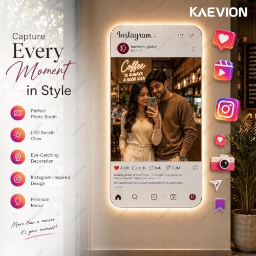 Image of Instagram Theme LED Selfie Mirror (2x4ft - Rose Gold Frame, 5MM HD Glass with 3-in-1 Backlit LED Lights - Customizable Full-Length Wall Mounted Smart Vanity Mirror