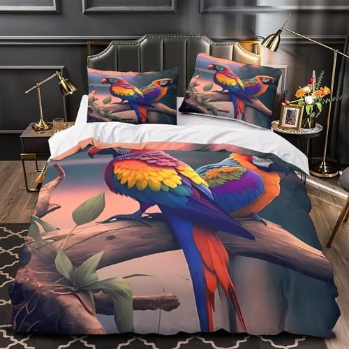 Housse de couette perroquets colorés 3D infroissable avec fermeture éclair lit simple - 2