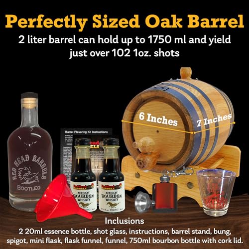 Red Head Barrels 2-Liter Charred American White Oak Whiskey Barrel with Kentucky Bourbon Whiskey Essence, Oak Wood Barrel Homebrew Kit Gift Set, Comes with Shot Glass, Bootleg Bottle, and More