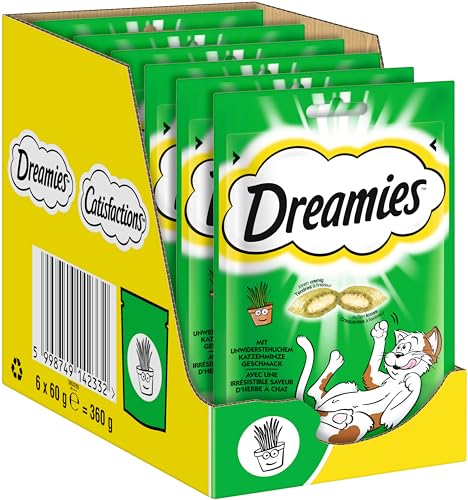 DREAMIES Katzensnacks - 6x60g - mit Katzenminze - Traumhaft knusprige Katzen Leckerlies mit zarter Füllung