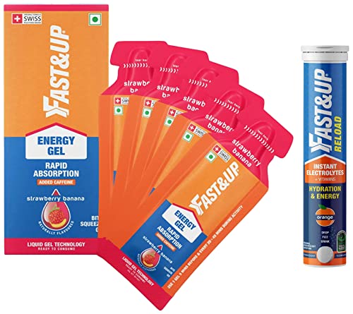 Image of FAST&UP Vegan Sports Energy Gel & Malto Gel 5X30Gms Sachets & Reload Electrolyte Energy And Hydration - Sports Drink - Strawberry Banana, 20 Effervescent Tablet