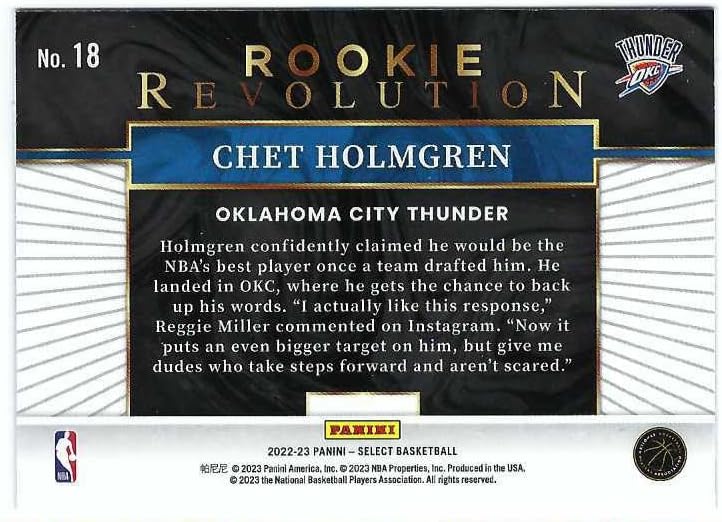 CHET HOLMGREN 2022-23 Panini Select Rookie Revolution #18 Rookie Card RC Gonzaga Bulldogs Oklahoma City Thunder Basketball