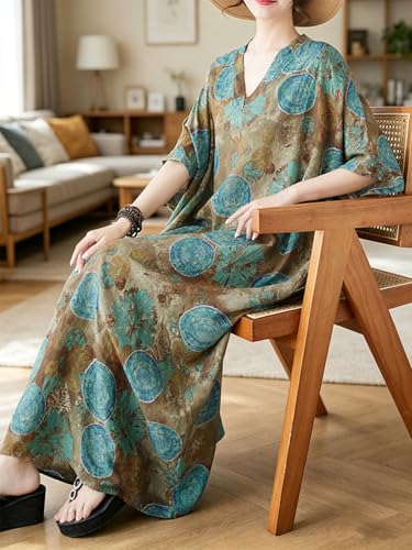 Image of Plus Size Summer Dress Printed V Neck Casual Loose Long Dresses with Pockets