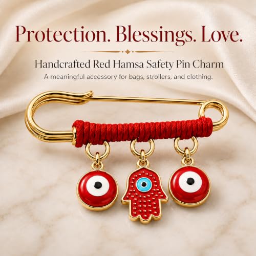 Image of 18K Gold Plated & Silver Tone Red Hamsa Protection Charm Pin - Evil Eye Jewelry for Women, Babies, Infants & Toddlers - Hamsa & Evil Eye Symbol Charm - Red String Lucky Amulet for Good Luck - Fits Stroller & Blanket, 1.5 Inch