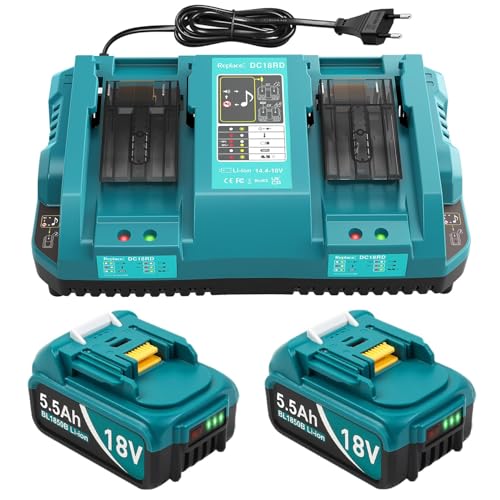 DC18RD Ladegeräte und 2 Stücke 5.5Ah Ersatzakkus für Makita 18V Akkus Kompatibel mit BL1815 BL1830 BL1840 BL1850 BL1860 BL1890 BL1415 BL1430 BL1440