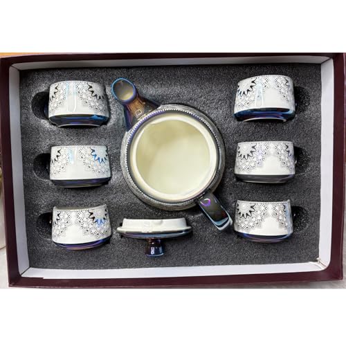 Image of DMRD Porcelain Tea Set with Kettle |Tea Cup Set 7Pc | Aesthetic and Classic Cups Set | Premium Crockery for Home & Gifting with Golden Color Geometric Pattern Design. (Purple)
