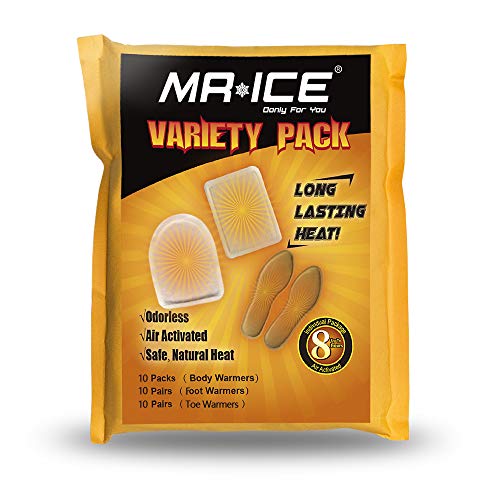 MR.ICE 10 Pairs Insole Feet Warmers 10 Packs Body Warmers and 10 Pairs Toe Warmers - Disposable with Adhesive Back Warmers - Air Activated Heating Patch - Long Last to 8 Hours Hot Warmers