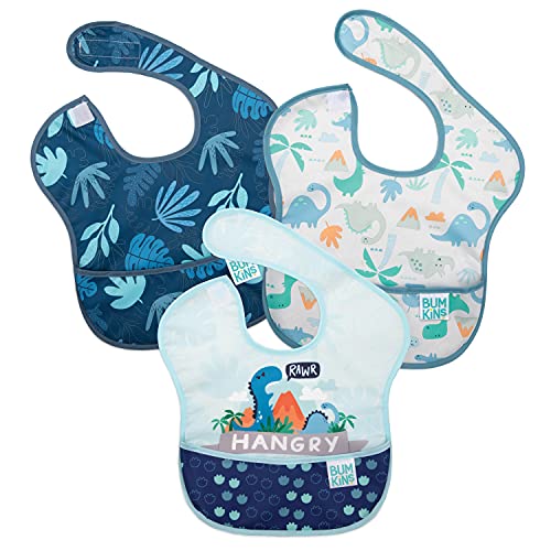 Image of Bumkins Bibs for Girl or Boy, SuperBib Baby and Toddler for 6-24 Months, Essential Must Have for Eating, Feeding, Baby Led Weaning Supplies, Mess Saving, 3-pk Hangry, Dinosaurs, and Blue Tropic