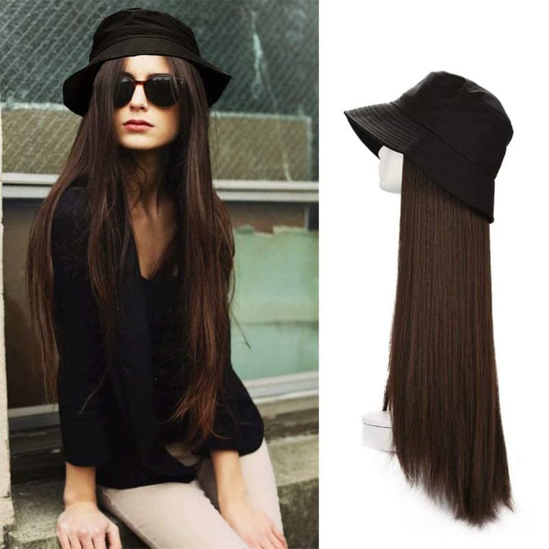 CHANDERKASH 24" Synthetic Hair Extension Attached Bucket Hat Long Straight Wig