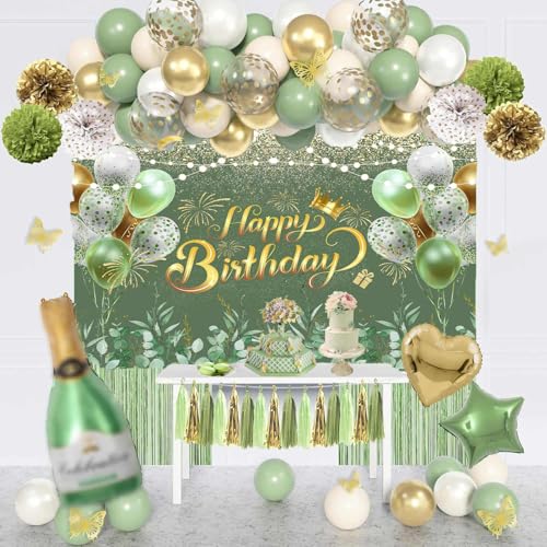 Image of Greenery Sage Green Happy Birthday Banner Backdrop Decorations Eucalyptus Leaves Women Birthday Banner Green Glitter Ballon Background Party Decoration Cake Table Banner Supplies 72x44 inch