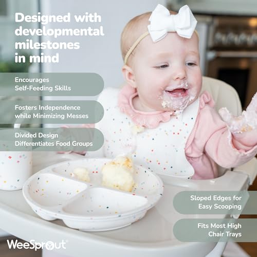 Image of WeeSprout Suction Plates for Babies With Lids & Toddlers - 100% Silicone, Dinnerware Stays Put, Divided Design for Picky Eaters, Microwave & Dishwasher Friendly, 3 Pack