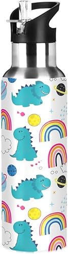 Miniatura 1 de Insulated Stainless Steel Water Bottle with Straw 20 Oz, Leakproof Water Bottles for Gym Outdoor Travel School, Cute Dinosaurs Rainbows White