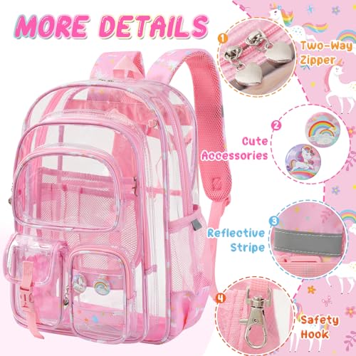 Image of Clear Backpack, 17 inch Large Clear Bookbag with Cute Pin Accessories, Double Layer Heavy Duty See Through Backpack for School College Work Stadium Travel