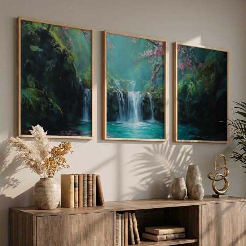 Image of kotart Abstract Nature Art Framed Paintings | Big Aesthetic Waterfall View Painting | Vastu Frames for Bedroom Living Room Wall Decor Set Of 3 (19X25 inch)