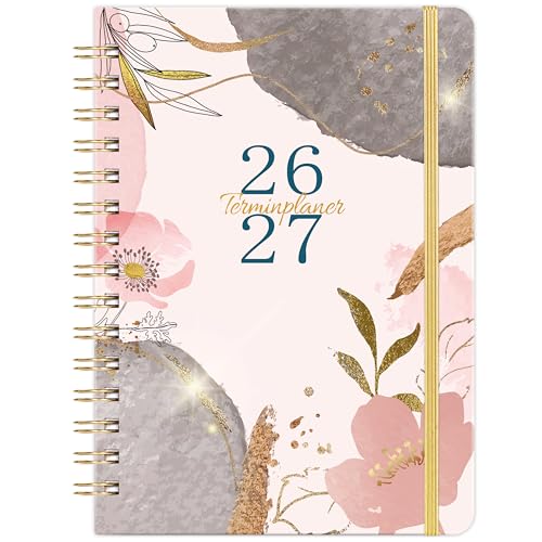 Terminplaner 2026 2027 - Kalender 2026 2027 von August 2026 bis Juli 2027 Wochenplaner A5 mit Innentasche Elastischer Verschluss A5 Terminkalender Buchkalender Limonade Rose