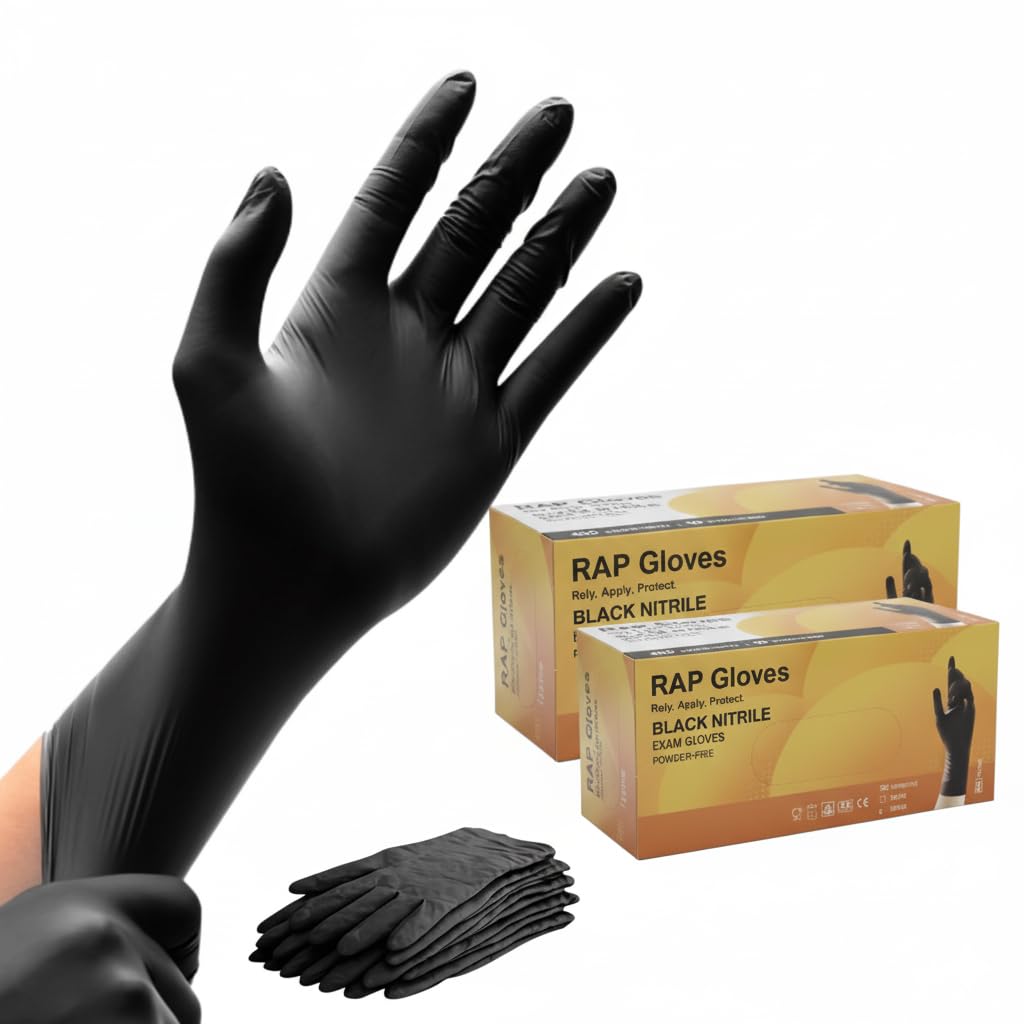 RAP Gloves Professional Black Nitrile Powder Free Multi Purpose Gloves, Extra Strong Disposable Examination Gloves, Surgical Powder Free Disposable Nitrile Gloves (200, M)