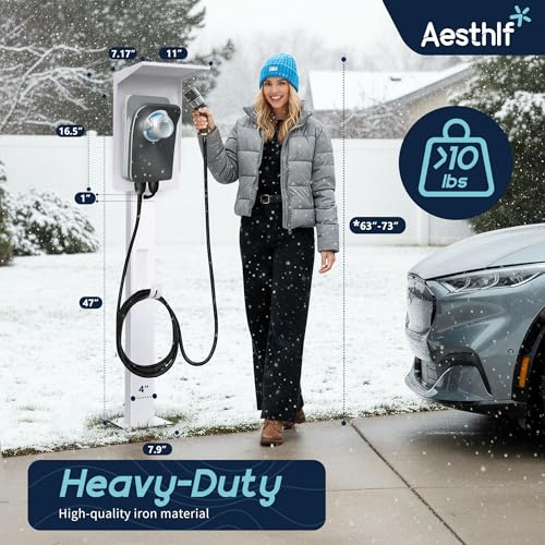 Image of Outdoor EV Charger Pedestal for Tesla & J1772 Charger with Roof | Heavy-Duty Rugged Stand, Anti-wobble Stable Base, Anti-Rust Finish, Handy Organizer Keeps Cable Tidy, Rain & Leaf Protection