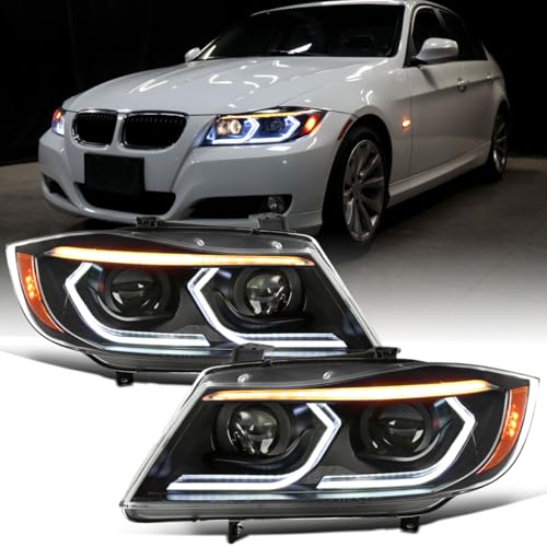 Ronnin - Fits 2006-2011 BMW 3-Series 325i 328i 330i E90 Sedan E91 Wagon Upgraded Replacement Dual Projector Halogen Headlights LED Sequential Turn Signals + Animated Startup Pair | Black