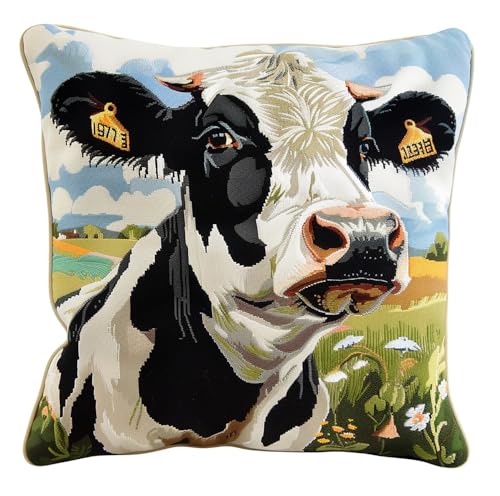 Kit point de croix débutant avec motif fleurs et vache pour broderie coussin 45x45
