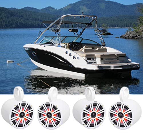 Image of KICKER Pair 45KM84L 8 inch 600 Watt Marine Boat Waterproof Speakers w /LED's KM8 Bundle with Pair Rockville MAC80W 7.7 inch White Aluminum Wakeboard Tower Speaker Pod Enclosures