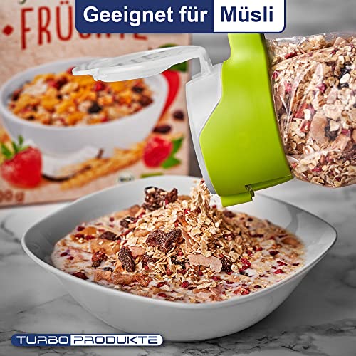 TURBO PRODUKTE Snackspender 3er Set - Wiederverwendbarer - Gadget für Cornflakes, Nussspender, Süßigkeiten uvm. - Luftdichter Tütenverschluss