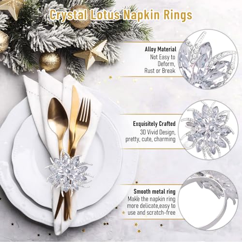 Image of Legigo Set of 12 Christmas Lotus Flower Napkin Rings Set for Dinning Table Setting- Silver Rhinestone Xmas Winter Napkin Ring Holders for Cloth Napkins, Christmas Holiday Party Dinner Table Decoration
