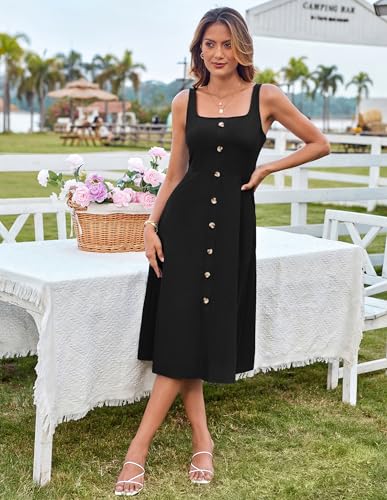 Image of GRACE KARIN Women's Summer Dress 2025 Casual Square Neck Flattering A-Line Button Down Midi Tank Sundress with Pockets
