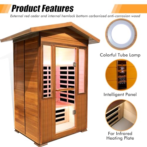 Image of 2 Person Outdoor Sauna Infrared Saunas Dry Sauna Room 120V Red Cedar and Okoume Wood Wooden Sauna Spa 1800W APP Control 7 Color Light 48.8 * 37 * 87.4inch