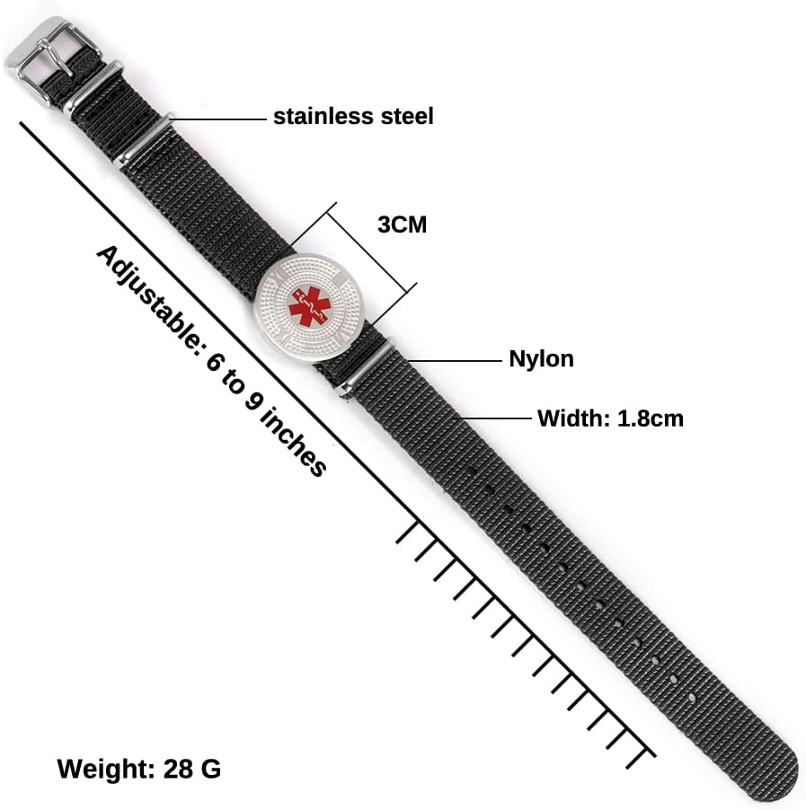 Pulsera De Identificación Médica Negra Elástica - Organza, Placa De Acero Inoxidable, Para Emergencias