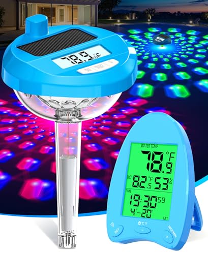 PoolLeader 2026 Solar Powered Wireless Pool Thermometer Floating Easy Read | Dynamic LED Light Show Dual Backlit Display 650FT Transmission | IP68 Waterproof Pool Temperature Thermometer for Hot Tub