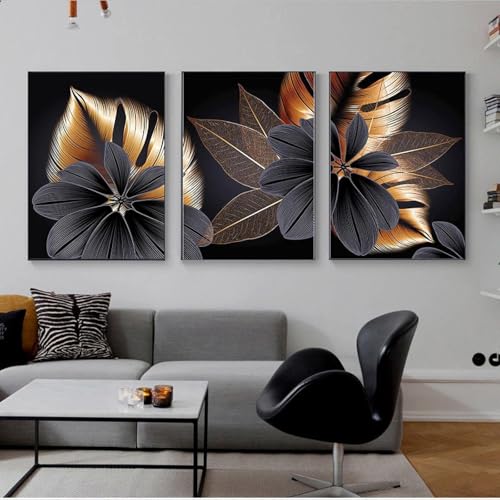 Toile Abstrait Or Noir Feuille de Plante Décoration Murale Salon Moderne Luxe Triptyque 70x100cm Sans Cadre