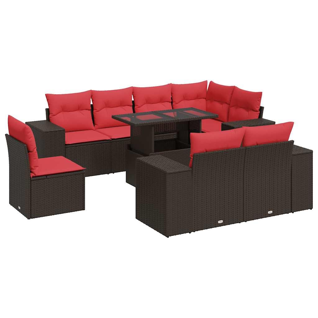 Set di mobili da giardino modulari in polyrattan marrone da 9 pezzi, con cuscini e vano portaoggetti borsa impermeabile, rivestimenti lavabili rimovibili