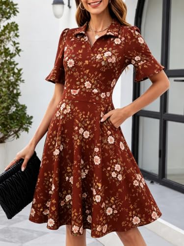 Image of Mokayee Womens Summer Ruffle Sleeve Collared V Neck Fit and Flare Elegant A line Swing Dresses with Pockets