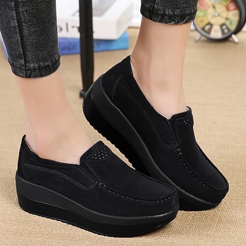 rismart Women's Walking Seankers Suede Leather Wedge Heel Slip on Trainers Shoes 7