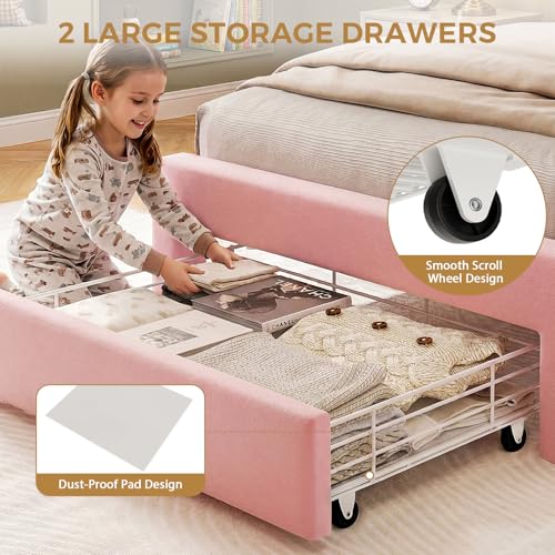 Image of Pink Twin Size LED Bed Frame with Storage Headboard, Upholstered Velvet Princess Bed for Girls with 5 Charging Ports (USB-C & AC), Hidden Privacy Compartment, Sturdy Aluminum Frame & 1 Silent Drawers