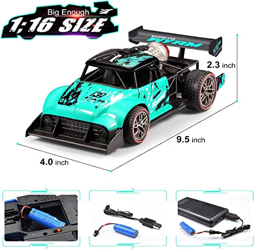 High Speed Spray Racing Car For Kids And Adults, 1:16 Rc Remote Control Racing Car Toy With Cool Led Lighting & Music, 2 Modes Of Metal Drift Racer And Rear Mist Spray For Boys Girls Gift (Cyan) #TOP3