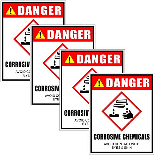 Outdoor/Indoor (4 Pack) 5" X 4" - Danger Corrosive Chemicals/Avoid Contact with Eyes Skin - Safety Caution Warning Sign Vinyl Label Sticker Decal - Back Self Adhesive Vinyl
