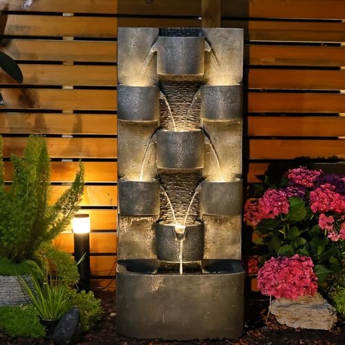 Tankana Outdoor Water Fountain Garden - Waterfall Large Water Feature Fountains with LED Lights & Pump, Concrete Artistry for Patio Yard Pool Home Decor, (45 inches Tall, Gray)