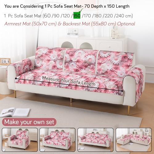 Image of HOKIPO 'Nature Muse' Premium HD Printed Holland Velvet Sofa Cover Mat for 1 /2 /3 Seater & L-Shape Sofa. Make Your Own Sofa Cover Set, Mat 70(D) x 150(L) cm, Blush Bouquet (IN-916-D6)