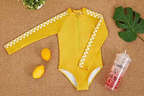 Image of Girls One-Piece Swimsuits Plaid Long Sleeve Beachwear Zip Rash Guard Swimwears