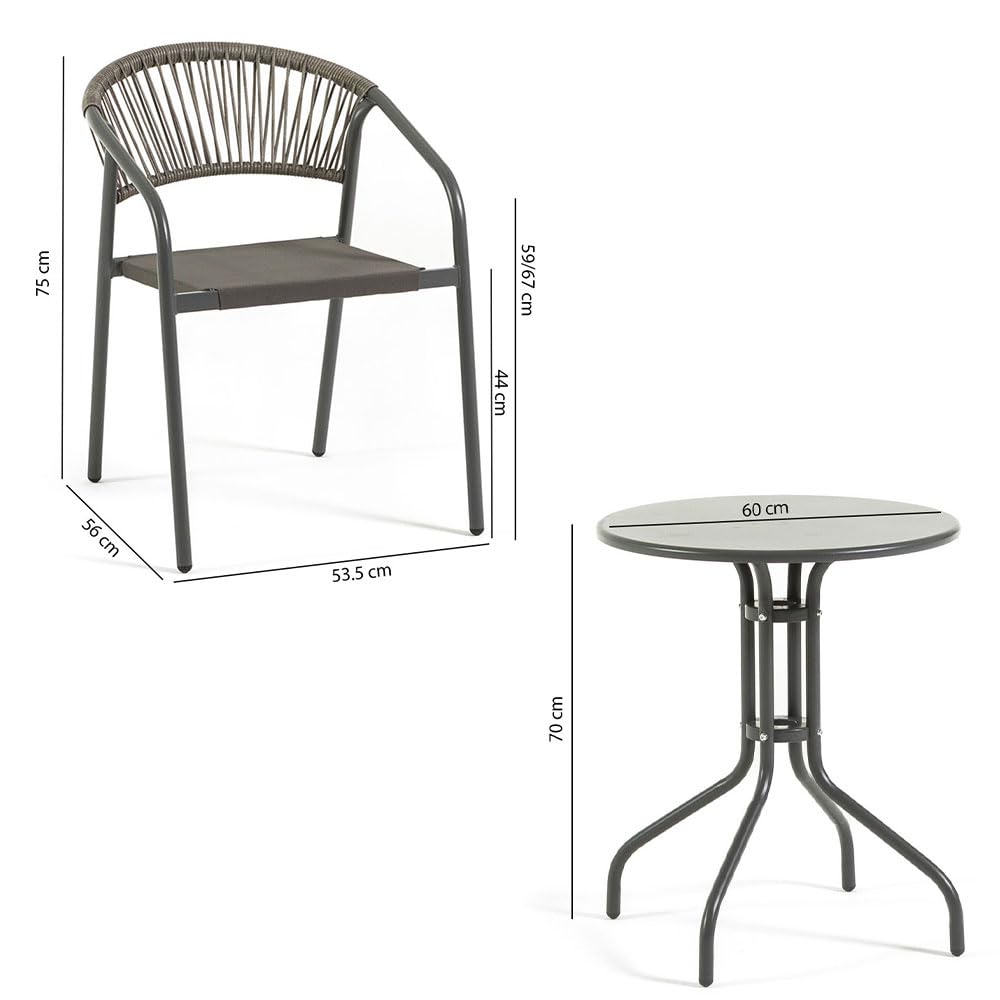 UBERTI. Set bistrò da balcone tavolino rotondo in metallo e 2 sedie in metallo con braccioli impilabili con schienale in corda, set salvaspazio per veranda e giardino - Max & Gaia (Grigio Scuro)